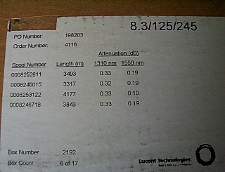 3325 to 4332 meter Lucent standard SM bare fiber spool. Low loss 0.2dB/km at 1.55um. Compatible with SMF-28, easy to fusion-splice with SMF-28. 8.3/125/245 um. Tested Zero dispersion wavelength: 1304.23nm on a sample