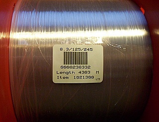 3325 to 4332 meter Lucent standard SM bare fiber spool. Low loss 0.2dB/km at 1.55um. Compatible with SMF-28, easy to fusion-splice with SMF-28. 8.3/125/245 um. Tested Zero dispersion wavelength: 1304.23nm on a sample