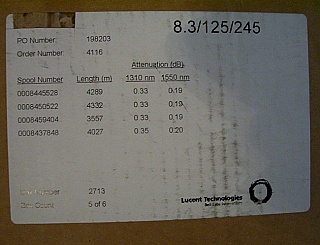 3325 to 4332 meter Lucent standard SM bare fiber spool. Low loss 0.2dB/km at 1.55um. Compatible with SMF-28, easy to fusion-splice with SMF-28. 8.3/125/245 um. Tested Zero dispersion wavelength: 1304.23nm on a sample