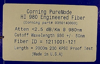 2000-meter Corning PureMode HI 980 Engineered fiber, single-mode fiber for 980nm pump laser application.