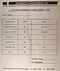 1550nm 3-port optical circulator. Telelight P/N: CIRD1550.