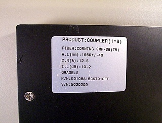 1x8 coupler over 1550 +/-40 nm, with FC/PC adapters. P/N: K0108A15CST910FF