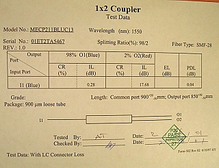 2%/98% 1x2 coupler @1.55um, LC/PC connectors. model: MECP211BLUC13