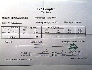 20%/80% 1x2 coupler @1.55um, With 3 FC/PC connectors. 250um SMF-28 pigtails