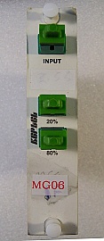 Min order qty = 4pc. 20%/80% 1x2 coupler over 1310 +/- 40 nm and 1550 +/- 40 nm. SC/APC adapters. Wavelength flattened. KEPTEL/Antec model: 911293-03-01. Gould P/N: 50-10335-20-31890