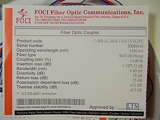 20%/80% 1x2 tap coupler over 1550nm+/-40nm. With three FC/PC connectors. FOCI model: C-WS-AL-20-S-1210-15-FC/FC
