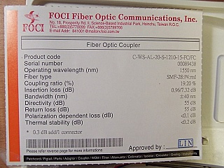 20%/80% 1x2 tap coupler over 1550nm+/-40nm. With three FC/PC connectors. FOCI model: C-WS-AL-20-S-1210-15-FC/FC