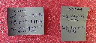 20%/80% 1x2 tap coupler over 1550nm+/-40nm. With three FC/PC connectors. FOCI model: C-WS-AL-20-S-1210-15-FC/FC