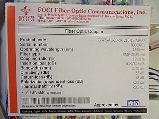 20%/80% 1x2 tap coupler over 1550nm+/-40nm. With three FC/APC connectors.  FOCI model: C-WS-AL-20-S-1210-15-AP/AP