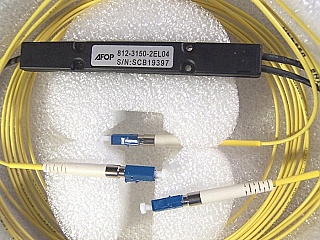 Min order=4pc. 50%50% AFOP 1x2 3dB ruggedized coupler 1.3/1.55um. Premier grade. With 3 LC/PC connectors. AFOP P/N: 812-3150-2EL04.