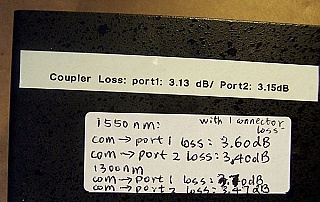 50%/50% 1x2 coupler at both 1.31/1.55um. With 3 FC/APC connectors.
