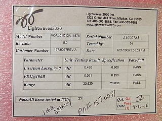 Liquid crystal variable attenuator. Lightwaves2020 P/N: VOAL01C12A11878