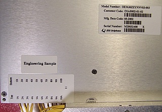 OC-192 Optical interface module for L-band, around 1585nm, removed from Innovance OC-192 long haul transmission system: TSIO card.  JDS P/N: OIA0002-01-02. Model: OEMJ6ZZYNNV03-003