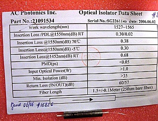 Minimum order qty: 4pc. 1.55um isolator, ISO>35dB over C-band 1527-1565nm. P/N: 21091534