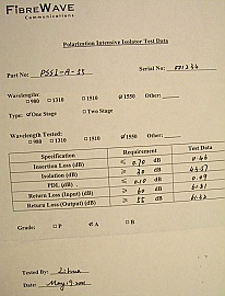 1.55um Fiber isolator.  W/ test data. Fiberwave model: PSSI-A-55