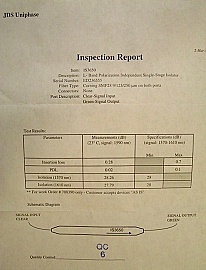 1570-1610nm L-band isolator with 2 FC/PC(UPC) connectors. JDS P/N: IS3650. With test sheet.