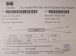 1550nm+/-20nm 1x2 PMF 50% splitter. Without connectors. Comcore P/N: PMSS4150P5E00