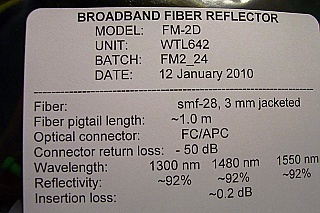 ~92%  reflection. Optical fiber reflector, with FC/APC connector. It can be used for high optical power. Model: FM-2D.