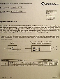 1x2 JDSU latching Switch with 3 LC/PC fiber connectors. For 1.3um and probably also for 1.55um. JDS P/N: SN12-Z74.