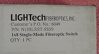 1x8 LT800-series switch module, single-mode fiber, 1.55um wavelength. With BSC II/UPC connectors. LIGHTech P/N: N108LRST-SSS9.