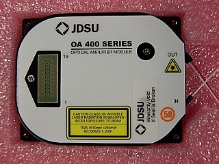 OA 400 C-band series mini EDFA module,  fixed gain, 17dBm saturated output. With a 976nm kink-free power >360mW pump laser,  JDS model: OAA-17U04G4CB-R. P/N: 21089730