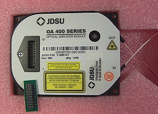 $345 each if buy 4pc. OA 400 C-band series mini EDFA module,  fixed gain, >13dBm saturated output. With one JDS 976nm >240mW kink-free power laser. JDS model: OAA-13U04G5CB-R. P/N: 21089731.