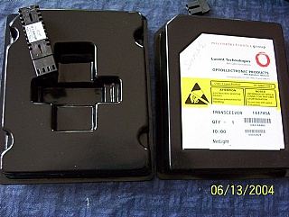 1300nm Lucent 155Mb FP-laser transceiver, model: 1417H5A. 2x10 SFF package. SM Fiber, duplex LC.