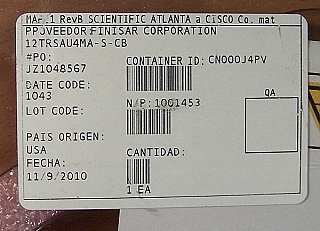 1549.716nm-tunable 10Gb OC-192 DWDM 7dBm long-reach transponder, With 20mW PMF CW tunable laser, 10Gb modulator with PD, and an optical receiver. Finisar P/N:12TRSAU4MASCB.