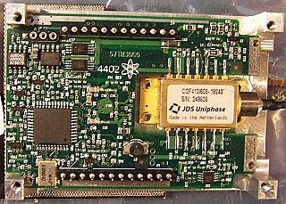 1.55um 7dBm DWDM 2.5Gb laser transmitter module. Wavelength adjustable over two 100GHz spaced channels by cahning temperature. JDS P/N: 57TM or Agere P/N: C486. Samples tested about 7dBm. Includes laser  CQF413/608 or D2570 or similar