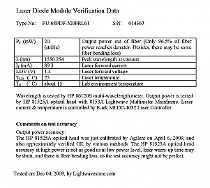 1559.79, 1556.55, 1547.72, 1546.92, 1543.73, 1542.14, 1535.04, or 1532.68nm 20mW DFB CW laser,  Mitsubishi Type No : FU-68PDF-520PRL