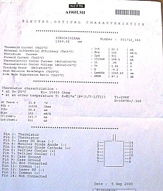 1556.57nm Alcatel laser,  norminal power  20mW.  Desoldered, short fiber, No  connector, Product code: A1905LMI - 3CN00410DRAA,  or 3CN00410EK