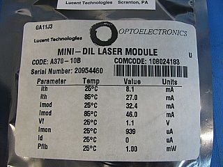 $19 each if buy 4pc. ~1.31um 1GHz 1mW analog laser module in mindil package. Lucent P/N: A370-10B. With SC/APC fiber connector