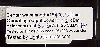 1343.5-1343.8nm 12dBm (15.85mW) DFB analog laser module. 14-pin butterfly. Sumitomo P/N: SLV5410-QF/HL1-343. With SC/APC fiber connector. Used.