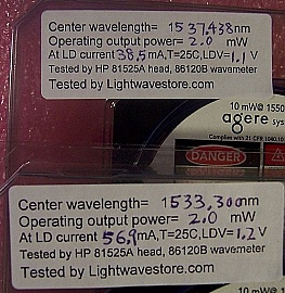 1537.438nm,1543.923nm, or 1550.727nm 2mW 2.5Gb DFB laser module, Lucent/Agere P/N: D2511G. Used and soldered. Without manufacture test data