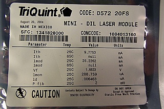 1530-1570nm 2mW uncooled DFB laser module for 2.5 Gb/s Applications. With internal isolator. Triquint model: D572 20FS
