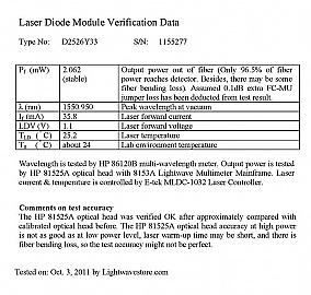 1549.3nm or 1550.92nm 2mW isolated DFB Laser,  With MU fiber connector. Lucent/Agere model: D2526Y, D2526G, or D2526T