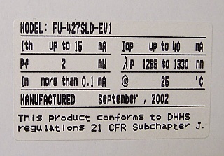 2mW 1.3um MQW-FP laser diode coaxial module, with FC/PC connector.  Mitsubishi model: FU-427SLD-EV1