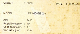 1284nm 10uW Edge-Emitting LED.  typical output: 8 uW, max 10uW. LDI model: LDT 50005E-008