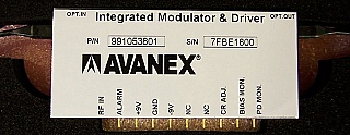 $765 each if buy 3pc. 10Gb optic intensity modulator with built-in driver. With 2 SC/PC fiber connectors. Avanex model: IM-DM4. Avanex P/N: 991053801