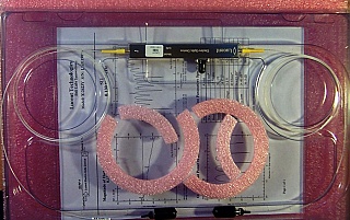 With Panda PM fibers at both optical input and output ports. 10Gb intensity modulator, Lucent model: X2623Y.  with FC/PC connectors at both fiber ends. With manufacture test sheet