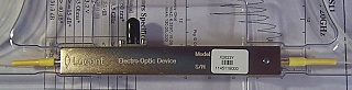 With Panda PM fibers at both optical input and output ports. 10Gb intensity modulator, Lucent model: X2623Y.  with FC/PC connectors at both fiber ends. With manufacture test sheet
