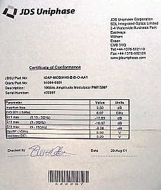 C-band and L-band  10Gb/s  optical digital intensity modulator.  Zero chirp. JDS P/N: IOAP-MOD9140-B-B-0-AA1.  With FC/PC connector at both fiber ends.