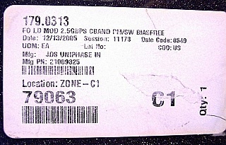 2.5-Gb/s optical modulator. It looks like phase modulator. Bias-free. For 1.55-um wavelength C-band. JDS P/N: 21009825. 'Sell As Is'