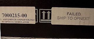 40Gb/s optical amplitude modulator, with modulator driver. 1530-1610nm. Ultra low drive voltage. Dual RF drive (GPPO ineterface). Modulator: Fujitsu model: FTM7937EZ/202; Opnext Assy P/N: 7000215-00. S/N test data "FAIL"