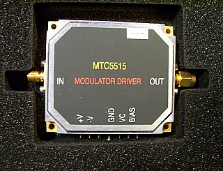 Combo of JDS 10Gb modulator and wideband Multilink modulator driver, JDS P/N: 10020416 and Multilink P/N: MTC5515. Modulator bandwidth: 11.1-13.9GHz, modulator body is obviously oxidized