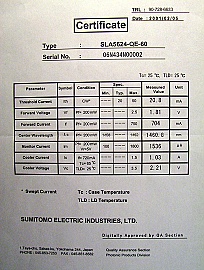 1460nm >200mW at 750mA laser module. SEI model: SLA5624-QE-60.  SMF with FBG