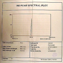 Uncooled mini-DIL 980nm 200mW pump laser diode with FBG stabilizer. With polarization-maintaining (PM) fiber. Bookham model: LU980N-R. to be removed from system