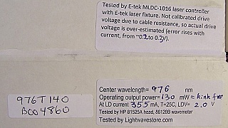 976nm pump laser with FBG stablizer. 130mW at 355mA. With angled 2.5mm fiber connector ferrule. ADC P/N: 976T140.