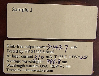 974nm pump laser. Nortel type code: LC92GCI74-20. We fusion-spliced FC/PC connector of Flexcore CS980 fiber. 'Sell As Is'. Sample 1