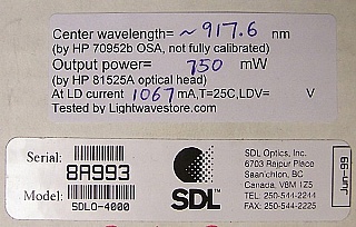 910-925nm >750mW multimode pump laser. High power, high reliability. for double-clad fiber amp. or Raman amp. SLD/JDSU product code: SLDO-4000